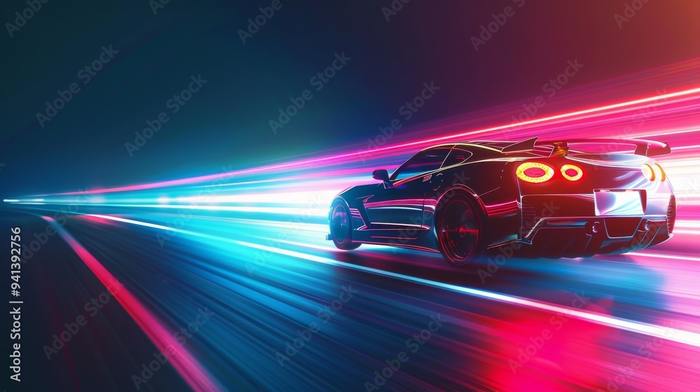 A sleek sports car speeds with vibrant neon lights trailing behind, conveying motion and speed in a futuristic setting A sleek sports car speeds with vibrant neon lights trailing behind, conveying motion and speed in a futuristic setting