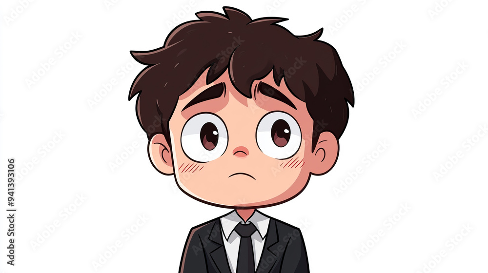An illustration of an animated boy with large eyes and furrowed brows, dressed in a black suit, conveying a sense of worry and sadness, standing in front of a plain background. An illustration of an animated boy with large eyes and furrowed brows, dressed in a black suit, conveying a sense of worry and sadness, standing in front of a plain background.