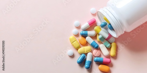 A white pill bottle spills colorful pills and capsules on a pink surface.