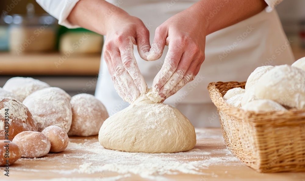 A person kneading dough on a wooden surface with flour and bread rolls nearby. A person kneading dough on a wooden surface with flour and bread rolls nearby.