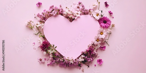 Pink heart shape surrounded by pink and purple flowers on pink background.