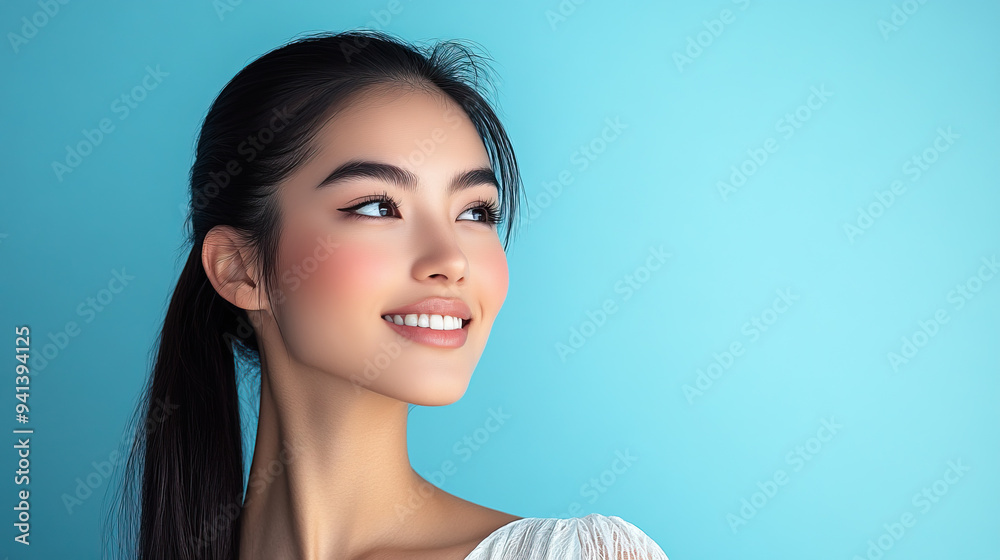 A young woman with long black hair and a radiant smile looks off to the side against a soft blue backdrop. The simple, elegant portrait highlights her bright expression and serene presence. A young woman with long black hair and a radiant smile looks off to the side against a soft blue backdrop. The simple, elegant portrait highlights her bright expression and serene presence.