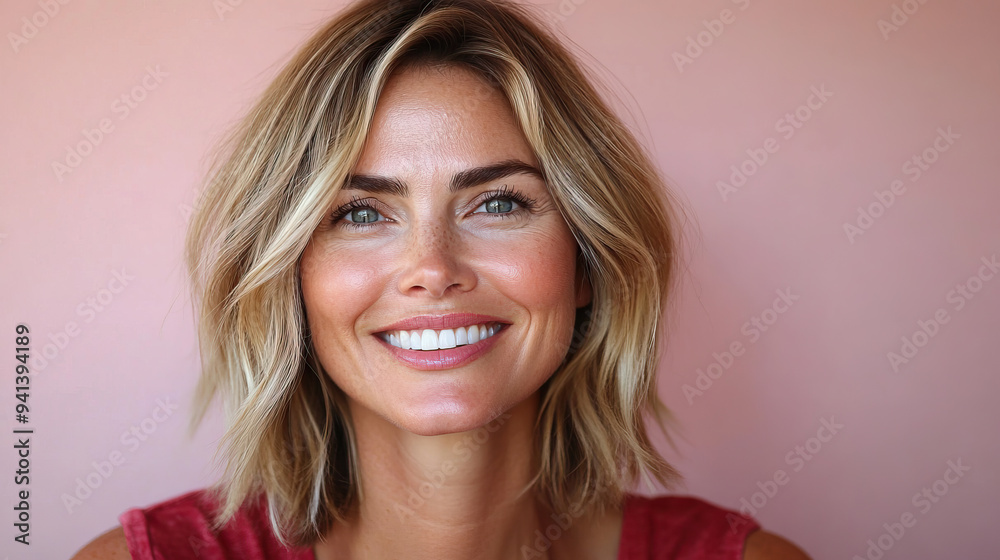 A close-up image of a cheerful woman with a blond bob haircut smiling warmly in front of a light peach background. Her genuine expression and radiant skin are captivating. A close-up image of a cheerful woman with a blond bob haircut smiling warmly in front of a light peach background. Her genuine expression and radiant skin are captivating.
