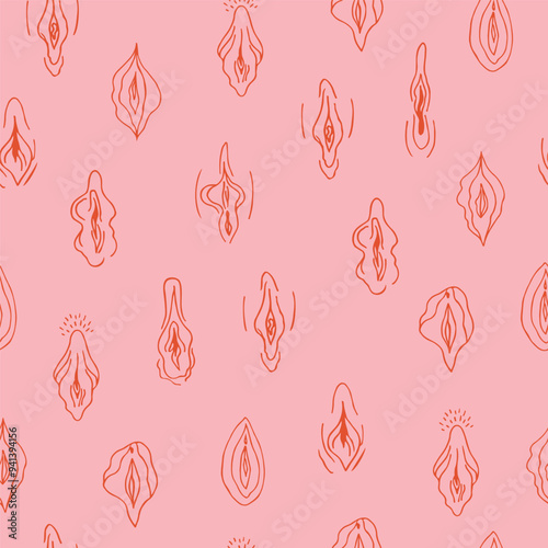 Female vulva on pink background. Hand drawn doodle. Seamless pattern. Vector
