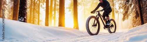 A cyclist rides a fat bike through a snowy forest during sunset, surrounded by tall trees and a warm glow.