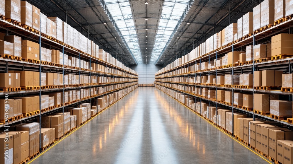 custom made wallpaper toronto digitalSpacious warehouse interior filled with neatly stacked cardboard boxes on shelves, showcasing organized storage solutions.
