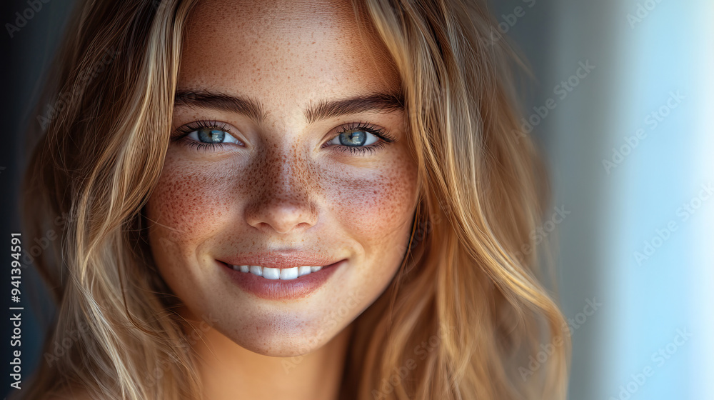 A young woman with freckles and long blond hair smiles brightly while standing near a window indoors. Her natural beauty is highlighted by the soft incoming light. A young woman with freckles and long blond hair smiles brightly while standing near a window indoors. Her natural beauty is highlighted by the soft incoming light.