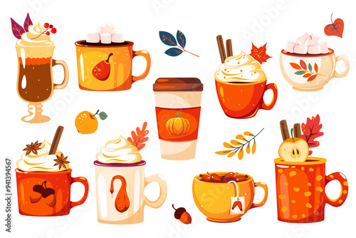 Set of autumn drinks. Hot chocolate with whipped cream, latte, tea, cocoa with marshmallows. Autumn hot drinks. Vector illustration.