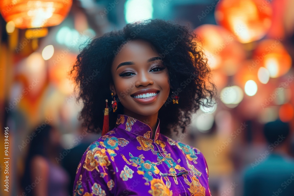 Obraz premium Smiling Woman in Purple Cheongsam Against Blurred Lanterns
