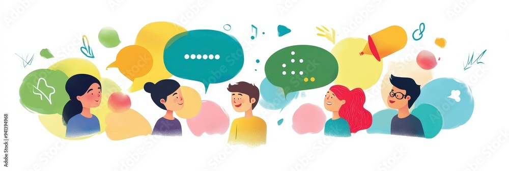 Illustration of diverse people engaging in conversation with speech bubbles. Illustration of diverse people engaging in conversation with speech bubbles.