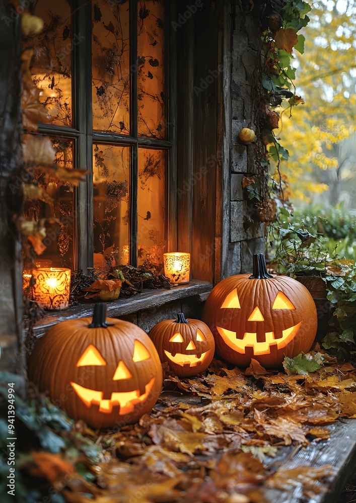 Obraz premium Cozy Halloween setting with glowing jack-o'-lanterns, warm autumn leaves, and soft candlelight, evoking a feeling of comfort and festivity