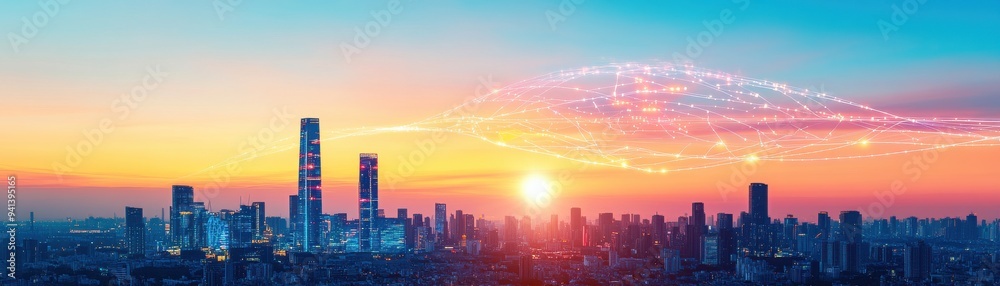 Fototapeta premium A stunning city skyline at sunset, showcasing modern architecture and vibrant colors against a tranquil sky.