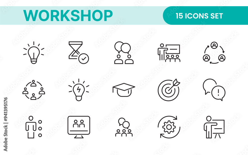 Set of Workshop and Coaching line icons. Outline icon collection related to training, coaching, mentoring, education, meetings, conferences, and teamwork. Set of Workshop and Coaching line icons. Outline icon collection related to training, coaching, mentoring, education, meetings, conferences, and teamwork.