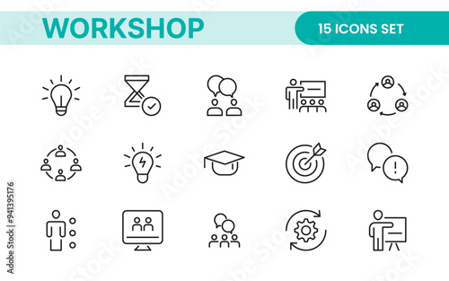 Set of Workshop and Coaching line icons. Outline icon collection related to training, coaching, mentoring, education, meetings, conferences, and teamwork.