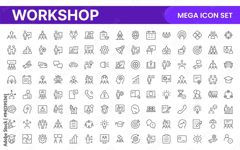 Set of Workshop and Coaching line icons. Outline icon collection related to training, coaching, mentoring, education, meetings, conferences, and teamwork. Set of Workshop and Coaching line icons. Outline icon collection related to training, coaching, mentoring, education, meetings, conferences, and teamwork.