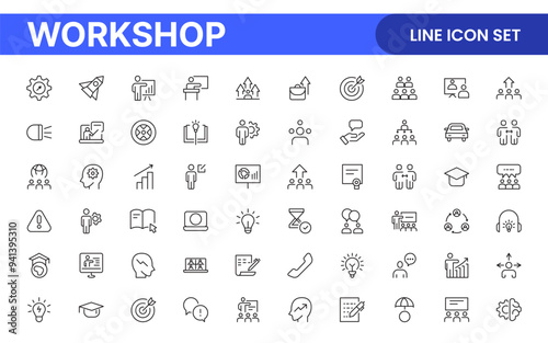 Set of Workshop and Coaching line icons. Outline icon collection related to training, coaching, mentoring, education, meetings, conferences, and teamwork.