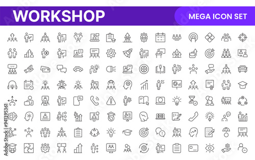 Set of Workshop and Coaching line icons. Outline icon collection related to training, coaching, mentoring, education, meetings, conferences, and teamwork.