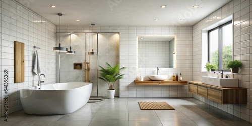 Sleek and minimalist modern bathroom interior with white tiles and contemporary fixtures, modern, bathroom, interior