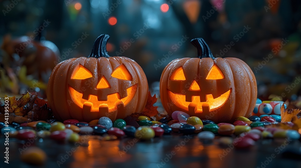 Fototapeta premium Bright Halloween display featuring cheerful jack-o'-lanterns, vibrant autumn leaves, and colorful candy, perfect for creating an inviting and festive social media post