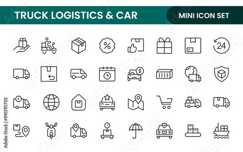 Truck Logistics and Car related modern icon set. editable line icon illustration collection