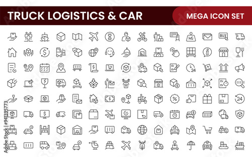 Truck Logistics and Car related modern icon set. editable line icon illustration collection