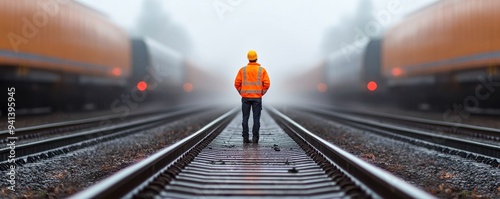 A railway worker stands confidently on the tracks, enveloped in fog, showcasing dedication and safety in transportation.