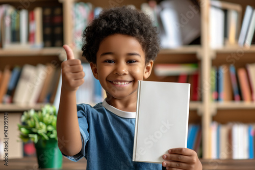 A cheerful child is giving a thumbs-up with one hand while holding a blank book in the other. The background features a blurred bookshelf, a positive and educational environment.