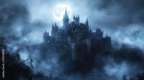 A haunting castle stands under a glowing moon, enveloped in mist and shadow, creating an eerie, mysterious atmosphere.