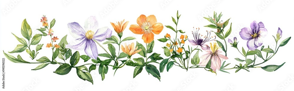 Watercolor illustration featuring various botanical elements including clematis cleome spider anemone lobelia impatiens and jasmine with an orange flower Isolated on a white background Suitable fo Watercolor illustration featuring various botanical elements including clematis cleome spider anemone lobelia impatiens and jasmine with an orange flower Isolated on a white background Suitable fo