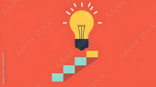 Light Bulb with Ascending Steps Representing Gradual Growth through Ideas in Flat Design