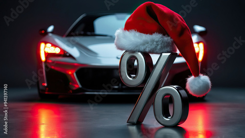 This image showcases a shiny metal percentage sign topped with a Santa hat, placed in front of a luxury sports car, against a dark background, representing holiday sales or finance offers on cars. photo