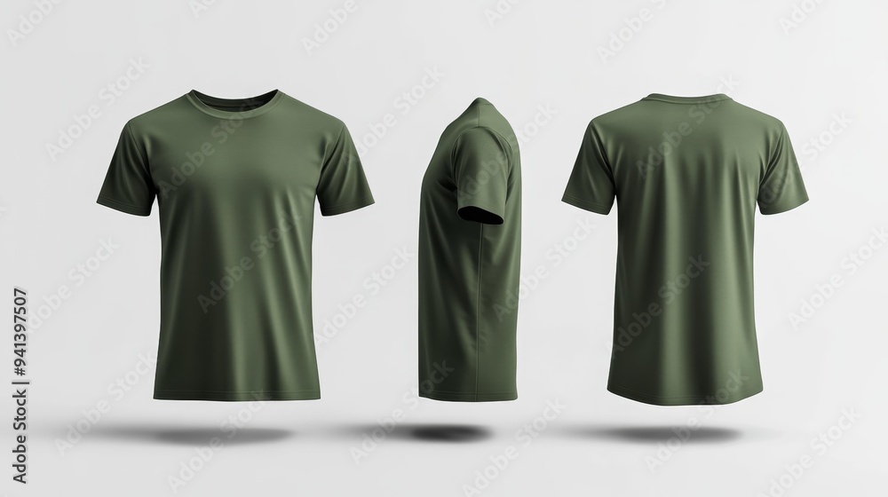 Olive Green T-Shirt Front and Side Views Generative AI