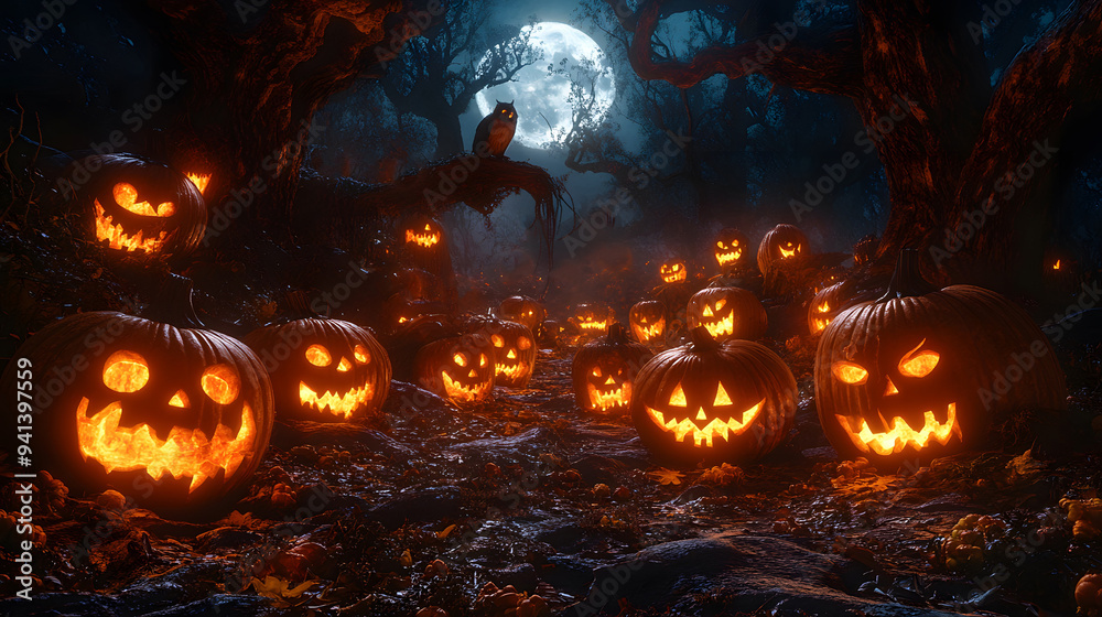 Eerie 3D Halloween scene with a group of jack-o-lanterns under spooky trees, with haunting owls perched above, all set against a full moon.