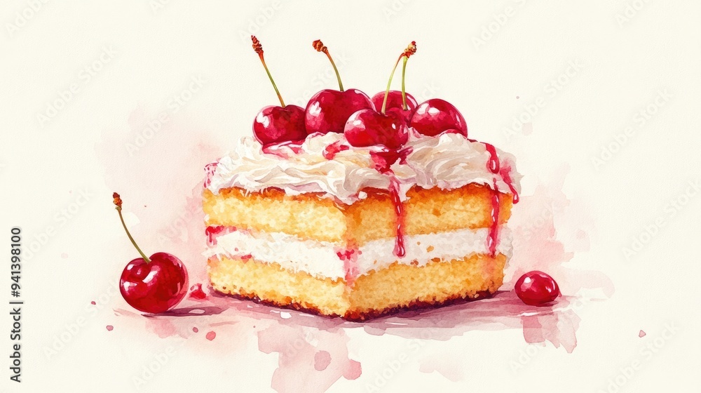 Watercolor illustration of a cream filled cake topped with cherries Versatile for menu designs advertisements cafes and invitations Watercolor illustration of a cream filled cake topped with cherries Versatile for menu designs advertisements cafes and invitations