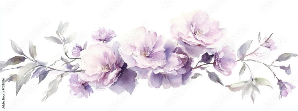 Watercolor illustration of a delicate bouquet of light purple garden flowers set against a white background Watercolor illustration of a delicate bouquet of light purple garden flowers set against a white background
