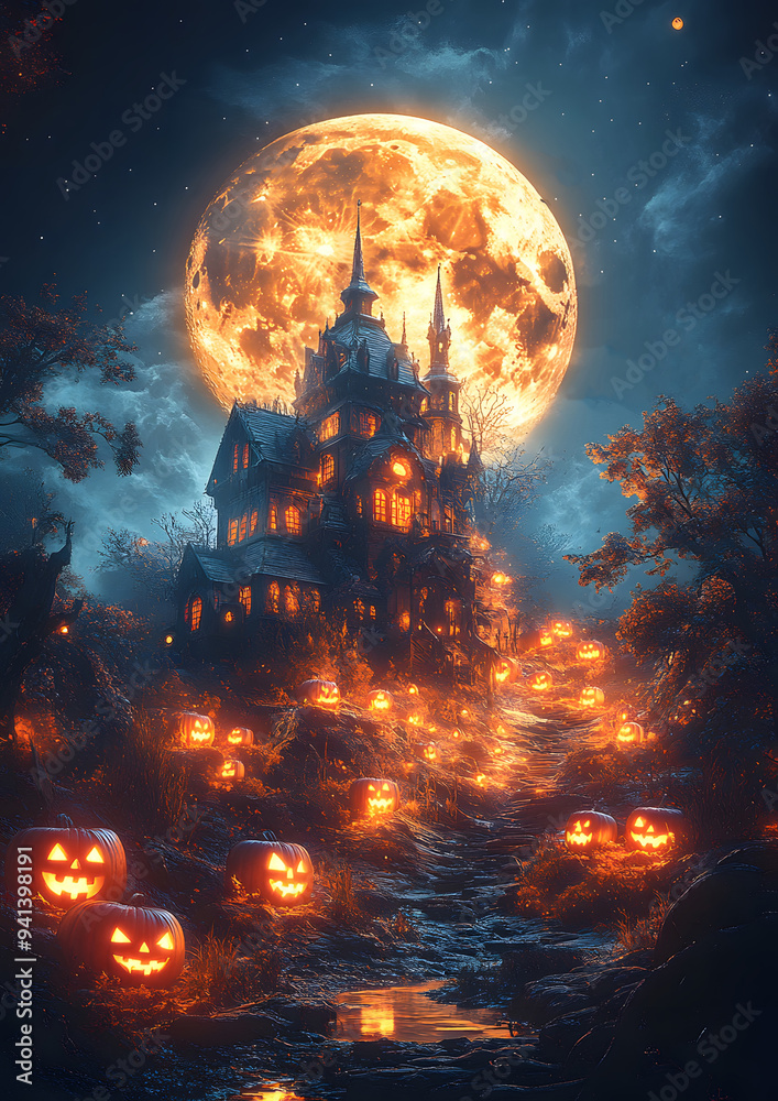 Fototapeta premium 3D Halloween illustration with jack-o-lanterns glowing in the dark, surrounded by eerie trees and watchful owls under a large moon.