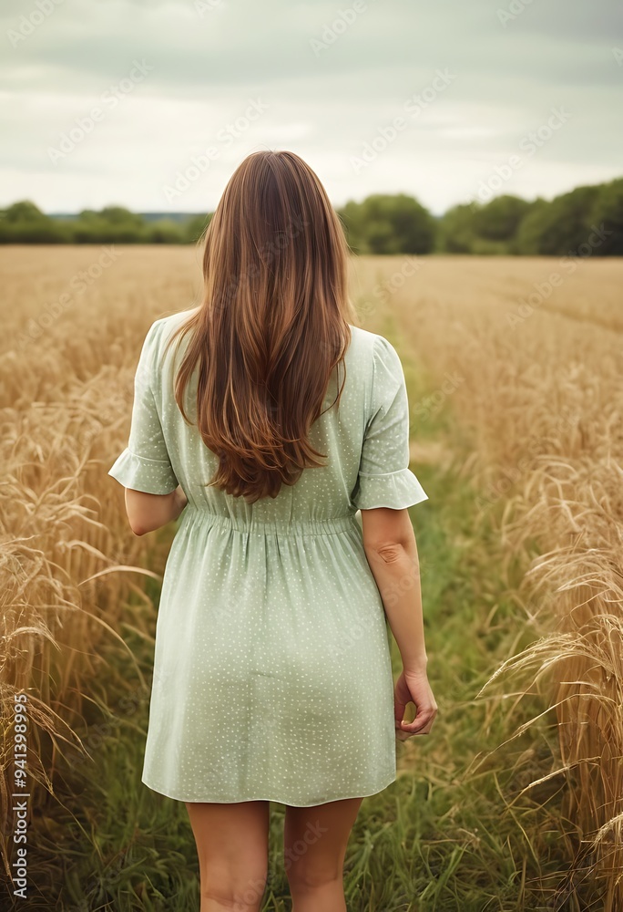 A woman in a green dress walks through a field of wheat. A woman in a green dress walks through a field of wheat.