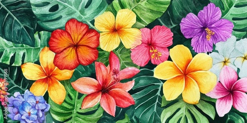 Watercolor illustration featuring a variety of tropical flowers