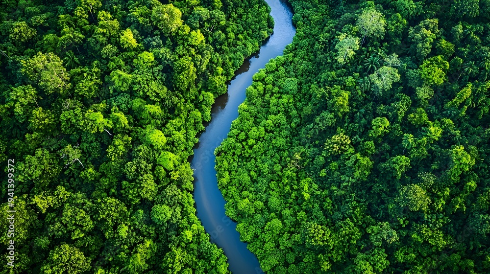 Striking Aerial View of Winding River Flowing Through Lush Jungle Landscape Striking Aerial View of Winding River Flowing Through Lush Jungle Landscape