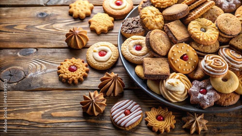 Variety of traditional cookies on a wooden table , traditional, cookies, dessert, homemade, sweet, bakery, assortment