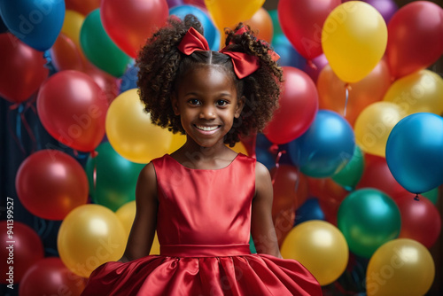 Portrait of smiling Black kid girl wearing satin red dress. Many colorful balloons around.