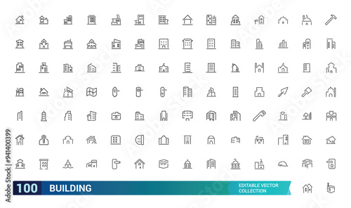 Buildings line icons set. Real estate, house, home, apartment, cityscape, mosque, church, pagoda. Architecture buildings icons vector illustration. Editable stroke icons.