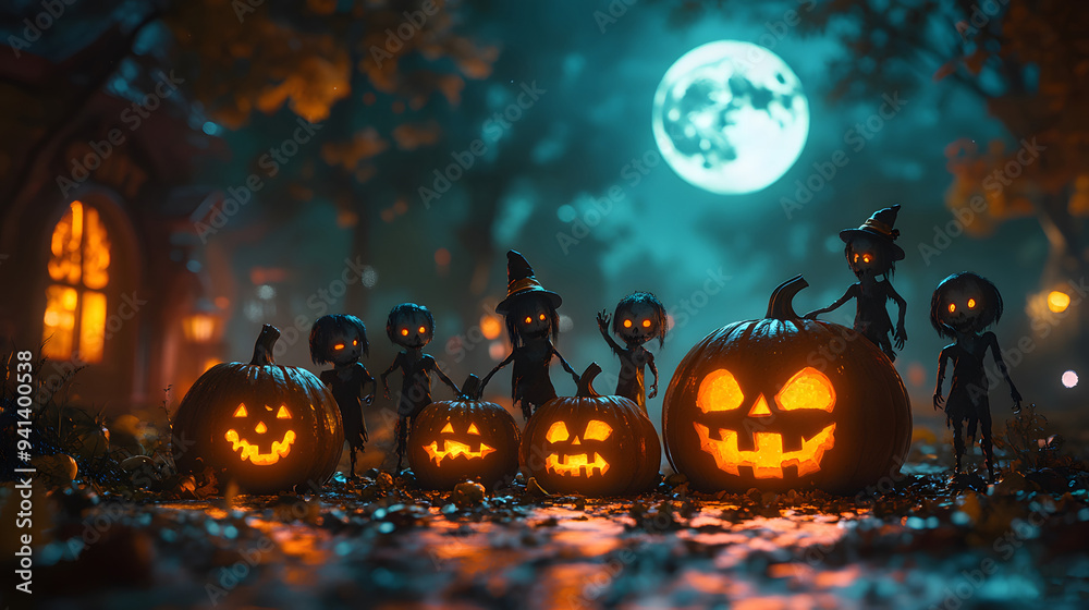 Vibrant 3D cartoon Halloween scene with carved pumpkins and playful zombies under a glowing full moon, featuring Vibrant 3D cartoon Halloween scene with carved pumpkins and playful zombies under a glowing full moon, featuring