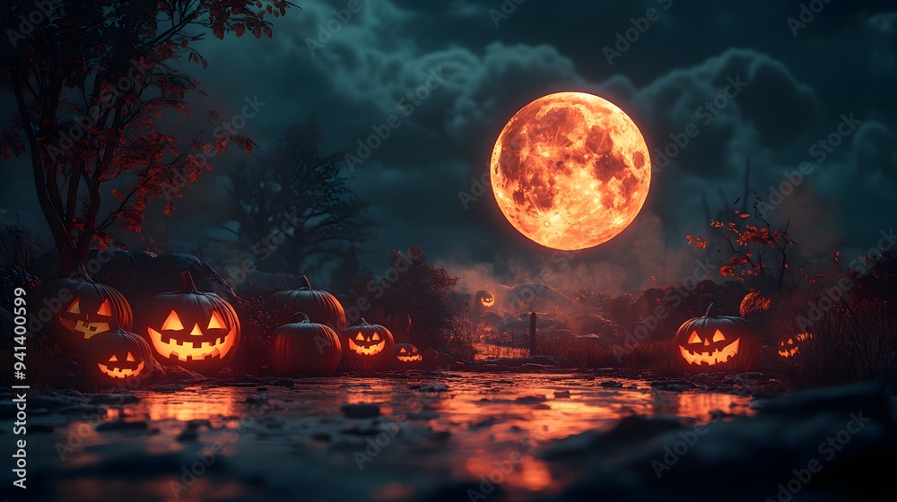 Full moon and 3D cartoon Halloween pumpkins with zombies, creating a festive Full moon and 3D cartoon Halloween pumpkins with zombies, creating a festive