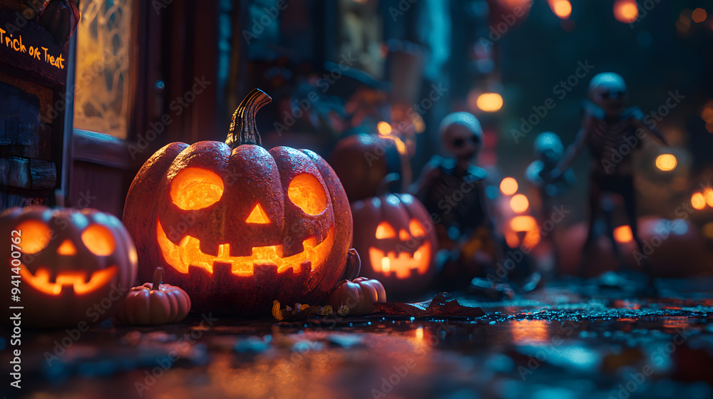 Fototapeta premium Full moon shining over a Halloween scene with 3D cartoon carved pumpkins and zombies, featuring 