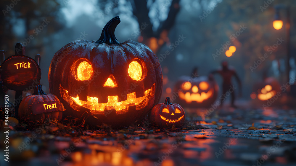 Full moon and Halloween pumpkins with zombies in a 3D cartoon style, featuring Full moon and Halloween pumpkins with zombies in a 3D cartoon style, featuring