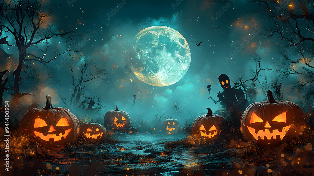 Full moon Halloween background with 3D cartoon carved pumpkins and zombies, creating a playful Full moon Halloween background with 3D cartoon carved pumpkins and zombies, creating a playful