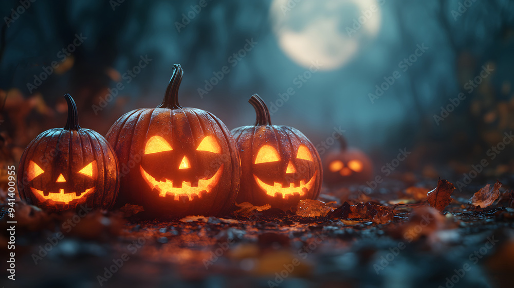 Full moon Halloween background with 3D cartoon carved pumpkins and zombies, creating a playful Full moon Halloween background with 3D cartoon carved pumpkins and zombies, creating a playful