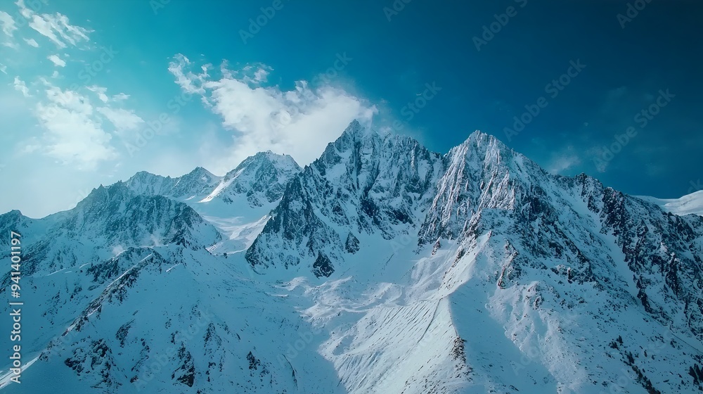 Breathtaking Aerial Perspective of Snowy Mountain Range Reaching Towards Azure Skies