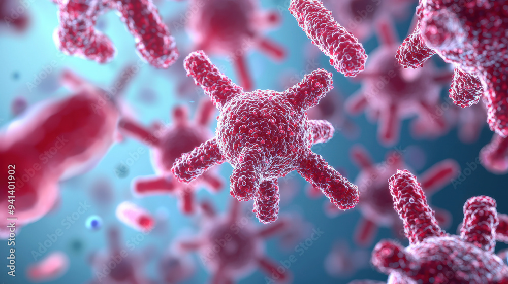 Microscopic view of pink viruses, highlighting viral structures in a blue background, great for health-related materials or scientific publications. Microscopic view of pink viruses, highlighting viral structures in a blue background, great for health-related materials or scientific publications.